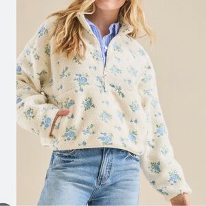 Blue Floral Cele Embroidered Floral Sherpa Pullover Jacket